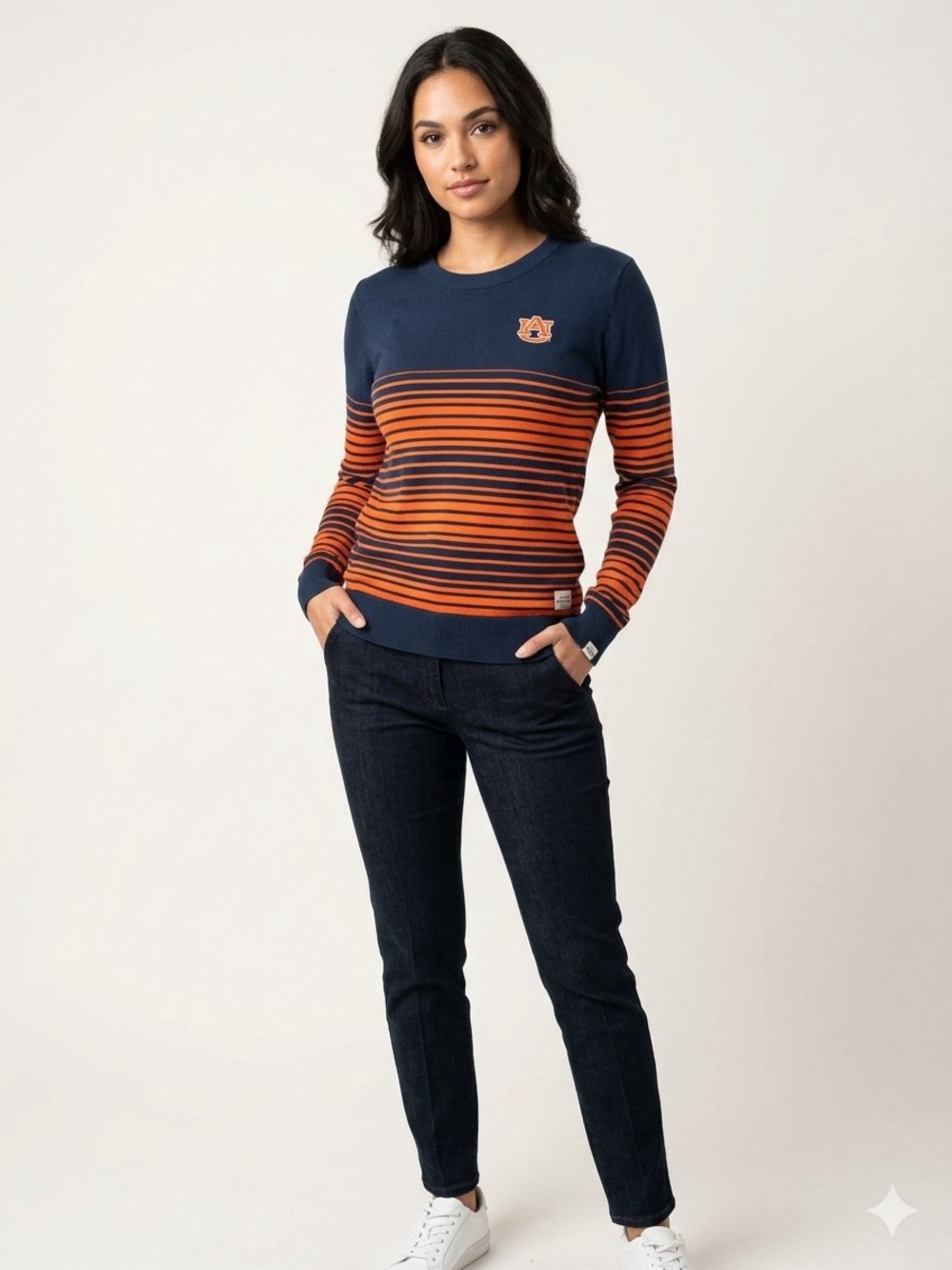 Auburn Striped Crewneck Sweater - Navy & Orange IG Apparel